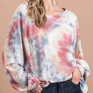 BiBi Tie Dye Print Terry Top With Puff Sleeves